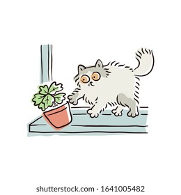 Cartoon cat pushing a flower pot off the window sill, funny naughty pet animal breaking things. Cute curious kitten drops an object to the floor - isolated hand drawn vector illustration