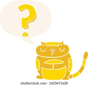cartoon cat with question mark with speech bubble in retro style