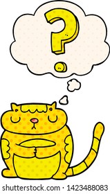 gato de desenho animado com ponto de interrogação com bolha de pensamento em estilo de revista em quadrinhos