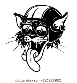 Cartoon cat in racing helmet. Design element for logo, sign, emblem. Vector illustration