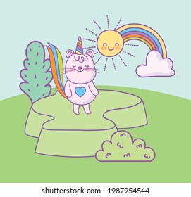 cola arco iris del gato de dibujos animados sobre la hierba