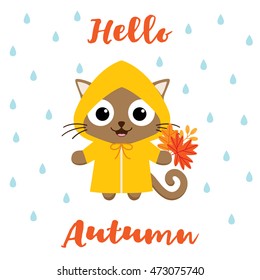 Cartoon cat in raincoat with fallen leaves. Hello autumn illustration