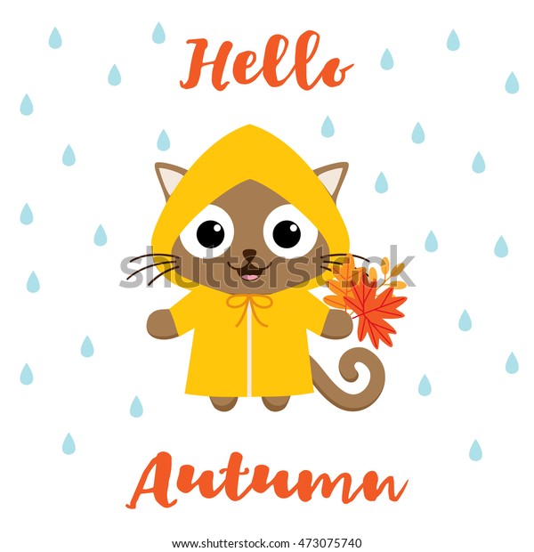 Cartoon Cat Raincoat Fallen Leaves Hello Stock Vector Royalty Free