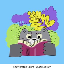 El gato de caricatura lee а libro. Ilustración vectorial. Arte de guardería.