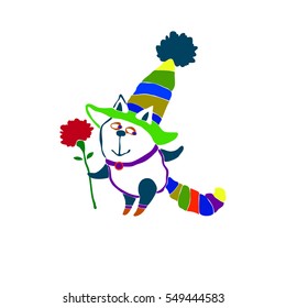 Cartoon cat and red flower. Vector elements for design of textile, the prints, packaging, postcards, posters.