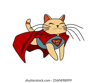 Cartoon Cat in a Red Superhero Cape for a Bold and Heroic Theme Illustration. Vector illustration