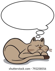 A cartoon cat is resting with a thought bubble above him with room for copy