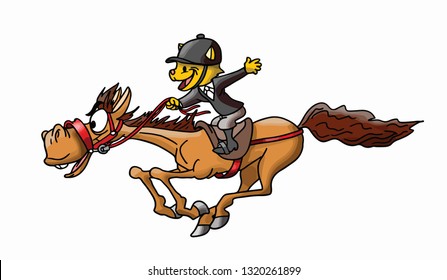 Cartoon cat riding a brown horse galloping at lightning speed vector illustration