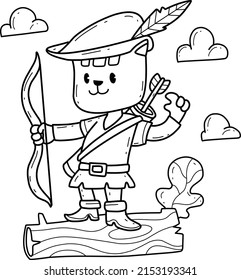 cartoon cat robin hood coloring book. Isolated on white background. 