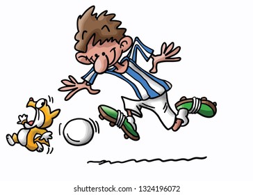 Cartoon cat running away from a cartoon football player vector illustration