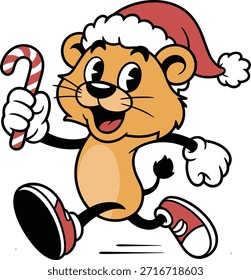 Cartoon Cat Running mit Candy Cane und Weihnachtsmütze, Weihnachten, Spaß