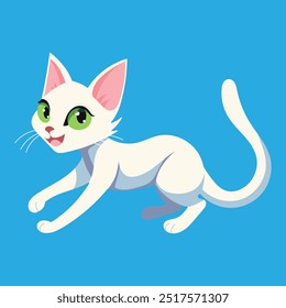 Um gato de desenho animado está correndo sobre um fundo azul. O gato é branco e tem olhos verdes. O gato está sorrindo e ele está feliz