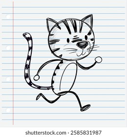 A cartoon cat running on notebook paper