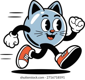 Gato de dibujos animados corriendo en zapatillas de deporte, estilo plano, ilustración