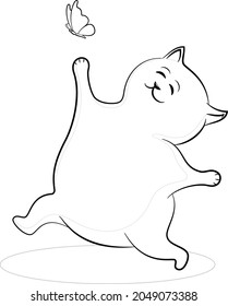 Cartoon Cat Runs and Wants to Catch a Butterfly, Black Contours Isolated on White Background. Vector