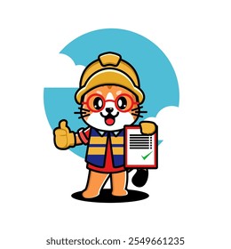 Cartoon cat in safety gear holding a checklist, giving a thumbs up.