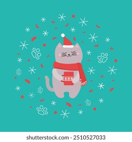 Cartoon cat in Santa hat and scarf with mug with hot drink. Confetti and cat tracks. Christmas, New Year. Cute kitten and holiday attributes. Snow, snowflakes.