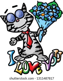 Cartoon cat saying i love you in the cutest way  holding a bouquet of flowers vector illustration valentine's day, February 14