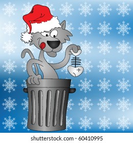 Cartoon cat scavenging for his Christmas dinner in a dustbin