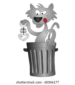 Cartoon cat scavenging for his lunch in a dustbin