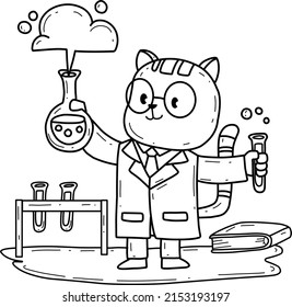 cartoon cat scientist coloring book. Isolated on white background. 