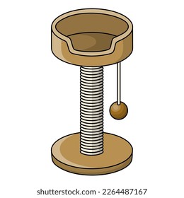Cartoon cat scratcher with ball. Scratching post for domestic animal pet. Colorful clipart of cat accessories and cat goods for pet shop. Isolated vector illustration on white background.