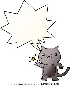 gatito de dibujos animados arañando con burbuja de voz en un estilo de gradiente suave