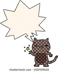 cartoon cat scratching with speech bubble in comic book style