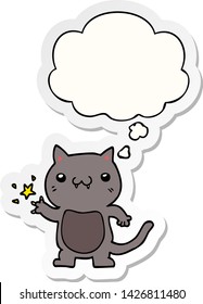 cartoon cat scratching with thought bubble as a printed sticker
