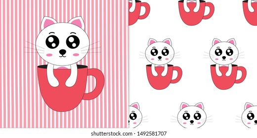 Cartoon cat and seamless pattern cute hand drawn style.vector and illustration