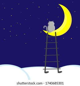 Cartoon cat seating on half moon on midnight. Cat dreaming and thinking about everything. Stars on sky and stair on clouds