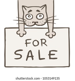Cartoon cat seller and sheet with an inscription for sale. Vector illustration. Cute emoticon character. Cheerful pet.
