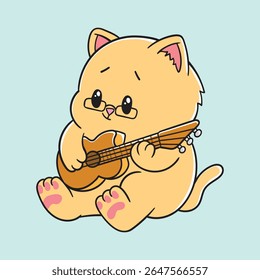 Cartoon Cat in Serious Pose Playing Guitar