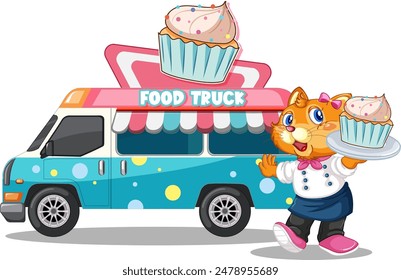 Cartoon cat serving cupcakes from food truck