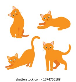 El gato de caricatura se ambienta con diferentes poses y emociones. Comportamiento del gato y lenguaje corporal. Ginger kitty en un estilo simple, ilustración vectorial aislada.