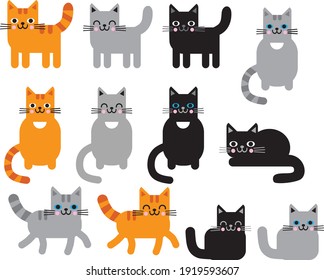 Cartoon cat set with different poses and emotions. Vector illustration isolated on white background.