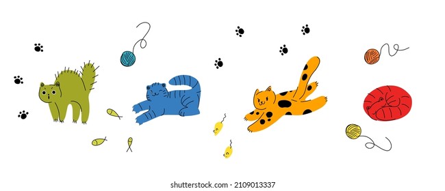 Cartoon cat set with different poses and emotions. Playing, sleeping, scared, playful pet. Cat face expressions. Kitty in simple cute style. vector illustration isolated.