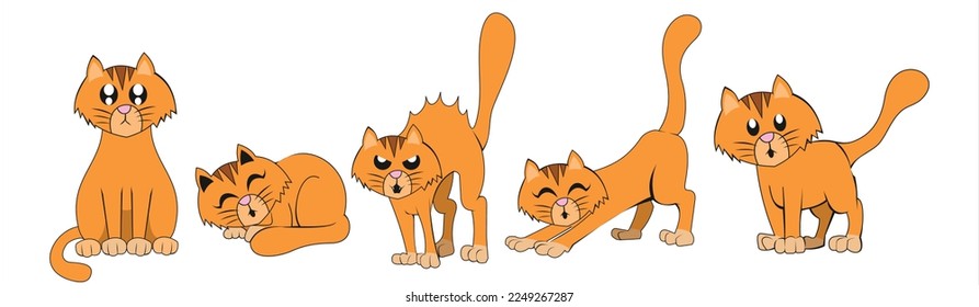 El gato de caricatura se ambienta con diferentes poses y emociones. Comportamiento del gato, lenguaje corporal y expresiones faciales. Ginger kitty en simple estilo lindo, aislada ilustración vectorial.