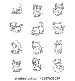 Cartoon cat set with different poses and emotions. Cat behavior, body language and face expressions. Ginger kitty in simple cute style, isolated vector illustration.