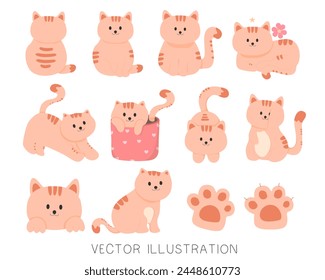 Cartoon cat set with different poses. Cat behavior, body language.isolated vector illustration.