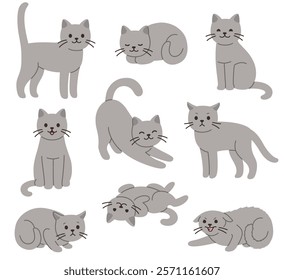 Cartoon cat set with different poses and emotions. Cat behavior, body language and face expressions. Gray kitty in simple cute flat style, isolated vector illustration.