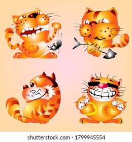 Un gato de caricatura ambientado con varias poses para la risa y las emociones. Feliz comportamiento del gato, emociones, lenguaje corporal y expresiones faciales. Gata femenina en simple estilo lindo, aislado ilustración vectorial.