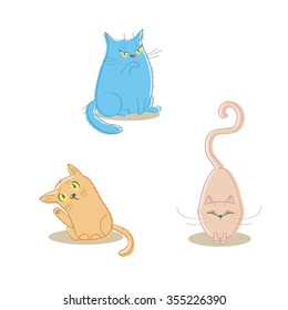 Cartoon cat set. Vector illustration. Can be used in web design, printed on fabric/paper, as a background, or as an element in a composition.