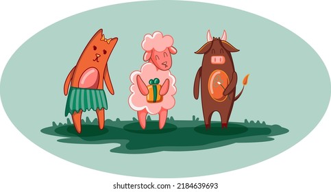 Cartoon Cat, Sheep and Bull, Vector Illustration