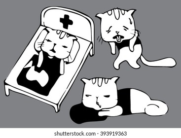 cartoon of cat is sick in bed,tired cat