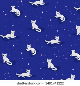 Cartoon cat - simple trendy animal pattern with stars on blue background. Cartoon vector illustration for prints, clothing, packaging and postcards. 