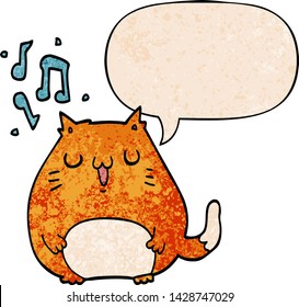 gato de dibujos animados cantando con burbuja de habla en estilo de textura retro
