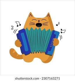 Cartoon cat sings and plays the harmonica. Cat musician. Animal, pet, musical instrument. Song, music. Vector illustration, background isolated.