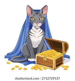 Un gato de dibujos animados se sienta ante un cofre del tesoro rebosante de monedas de oro. Una tela azul cubre detrás del gato. Ilustración estilizada de colores brillantes.
