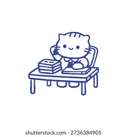 A cartoon cat sits at a desk, talking on the phone with books piled nearby.